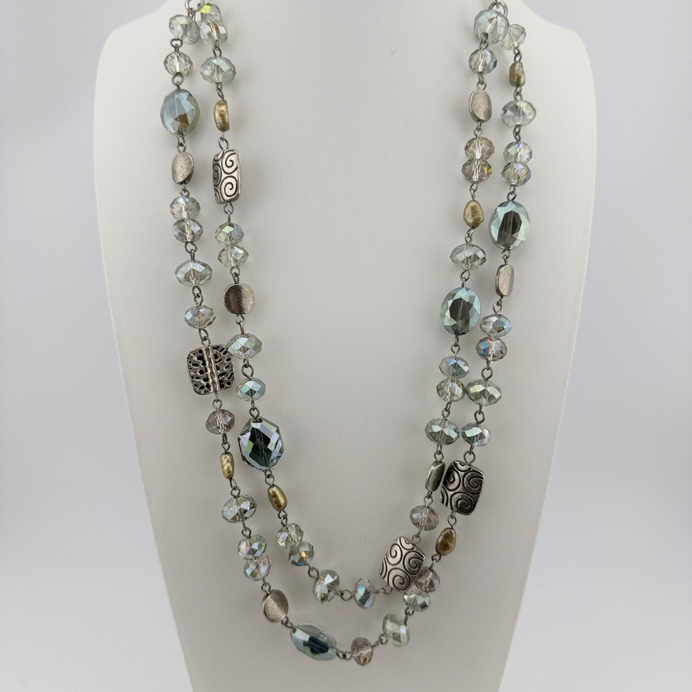 Boho Beaded Layered Necklace Iridescent Glass Silver Tone Multi Strand Scroll